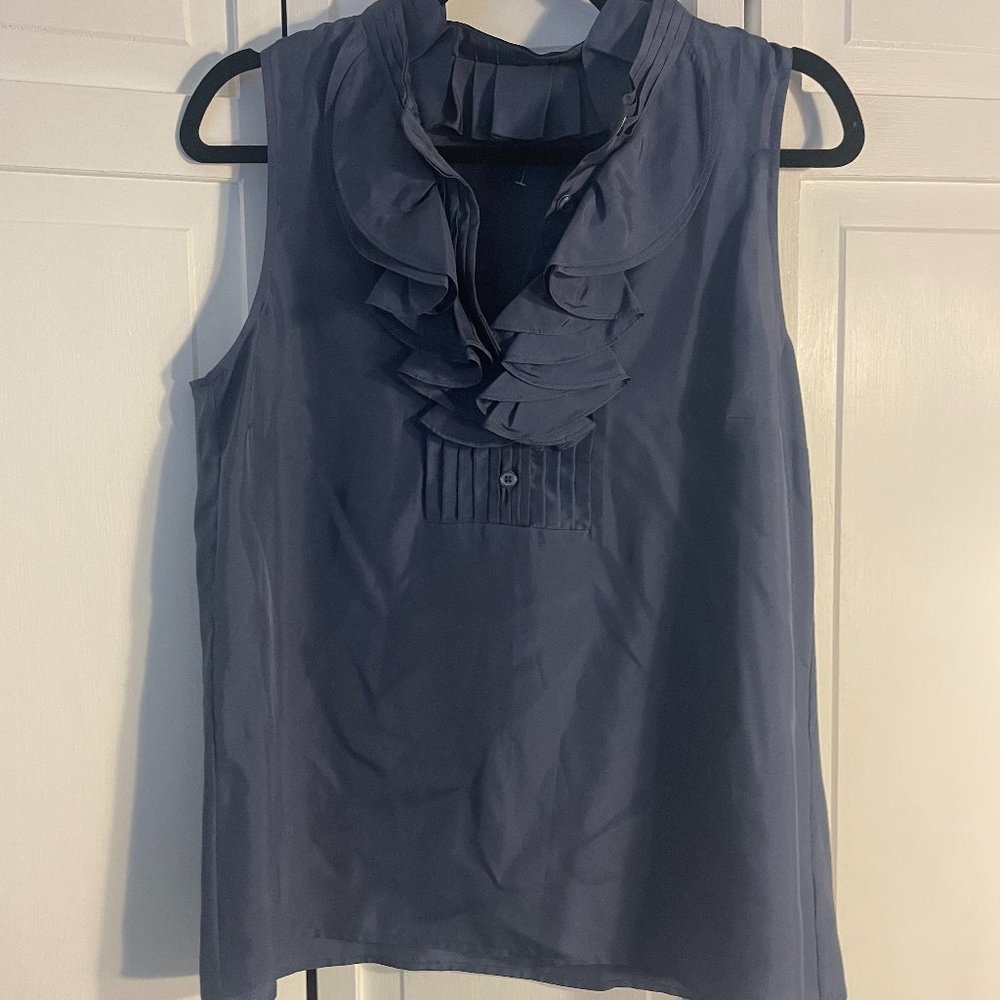 J. Crew 100% Silk High Neck Blouse  Size 10 Blue